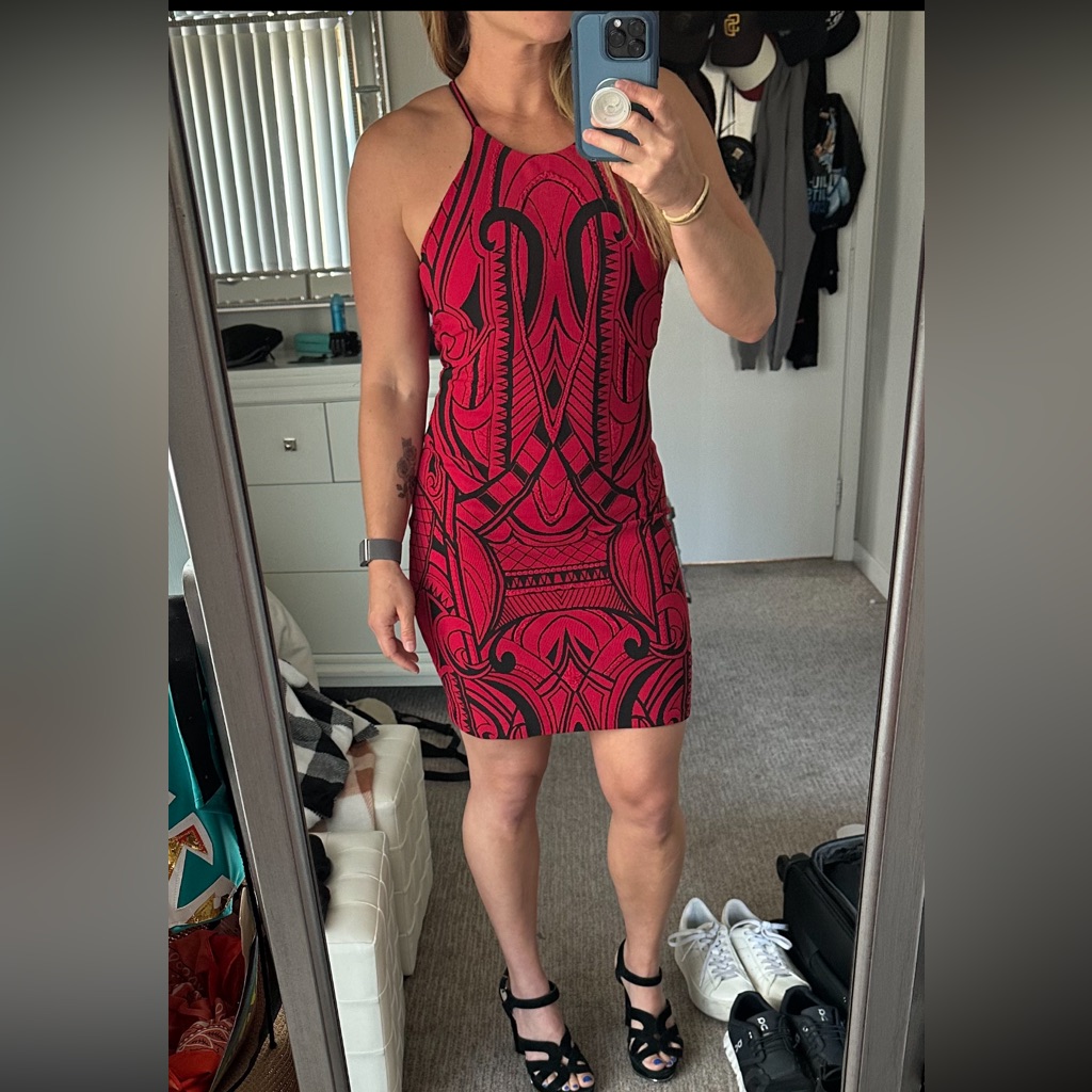 Parker Jaden Halter Sheath Dress - Red And Black Bodycon Dress - Xs